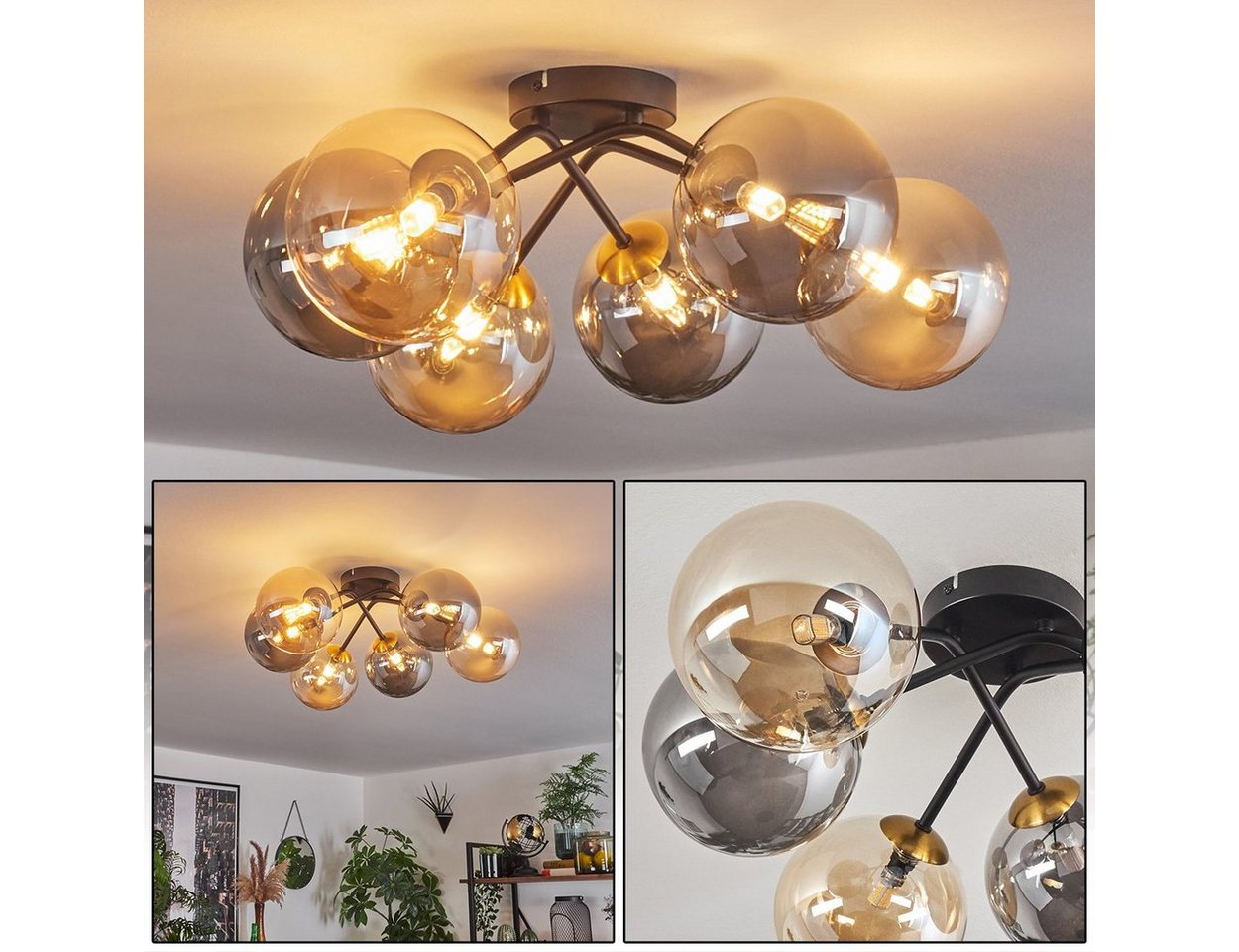hofstein Deckenleuchte Deckenlampe aus Metall/Glas in Schwarz/Gold-/Rauch-/Bernsteinfarben, ohne Leuchtmittel, moderne Leuchte mit Glasschirmen (15 cm), 6 x G9, ohne Leuchtmittel