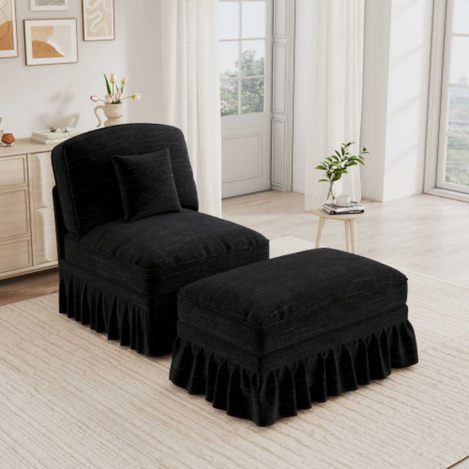 ANYSUN Loungesessel Relaxstuhl mit Hocker & Kissen, für Wohn- und Schlafzimmer (bestehend aus Sessel und Hocker), Chenille-Bezug, abnehmbarer Volant, tiefer Sitz, belastbar bis 230 kg