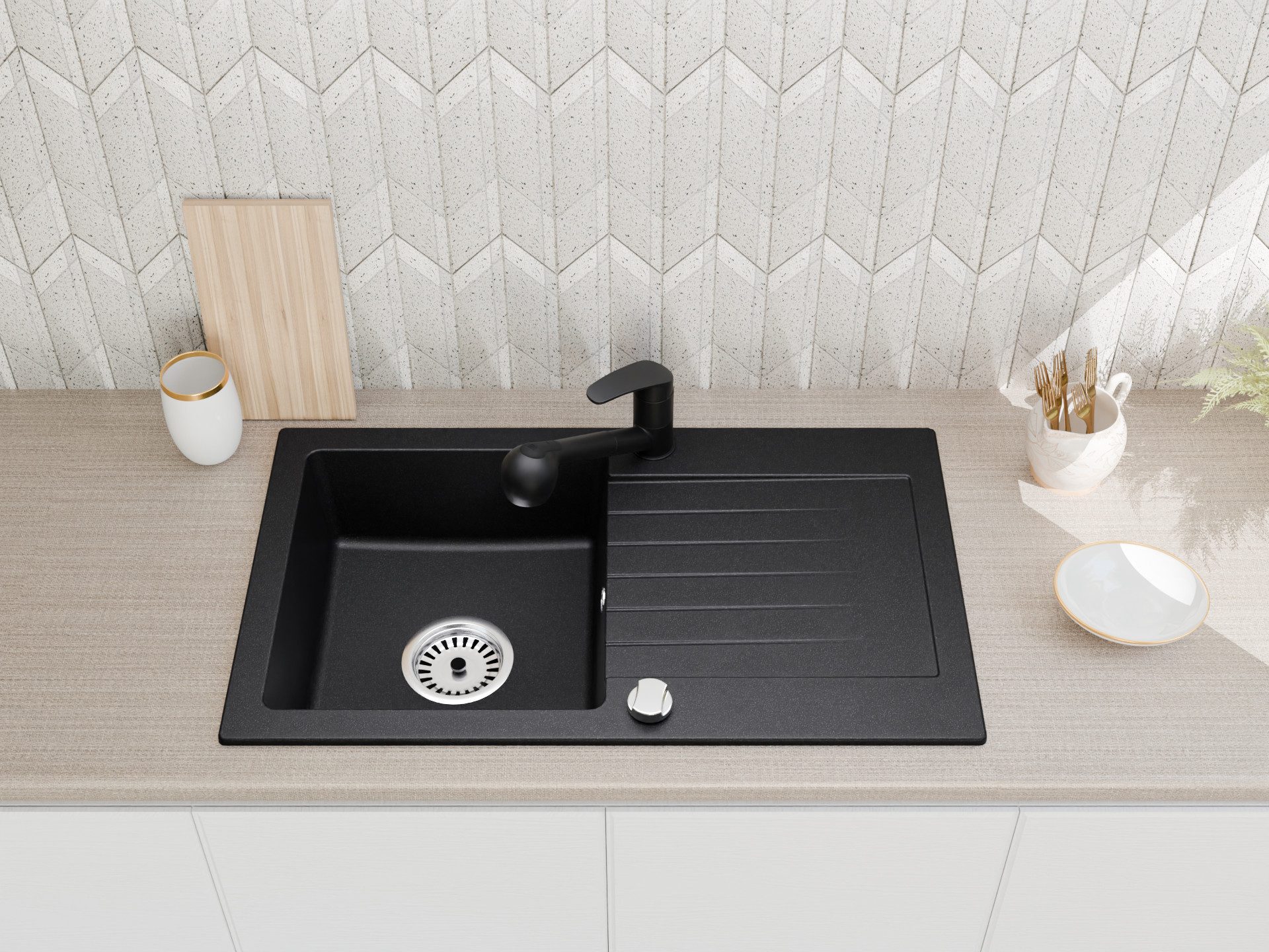 Faizee Möbel Granitspüle Granitspüle 76x44 Schwarz+ Armatur Schwarz Eckig inkl Siphon, Eckig, 75/43,5 cm – Bild 5 von 5
