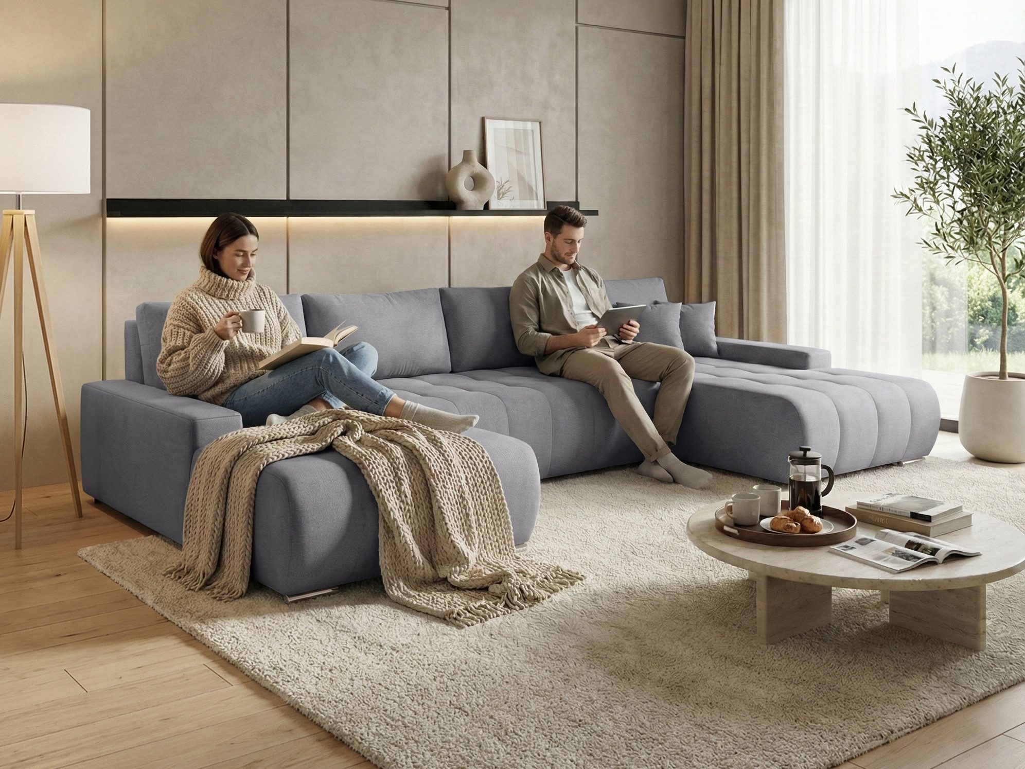 Beautysofa Ecksofa DRACO U mit Schlaffunktion & Bettkasten, U-Form Schlafsofa mit freistehend und DL-Mechanismus, Liegefläche: 140 x 290 cm