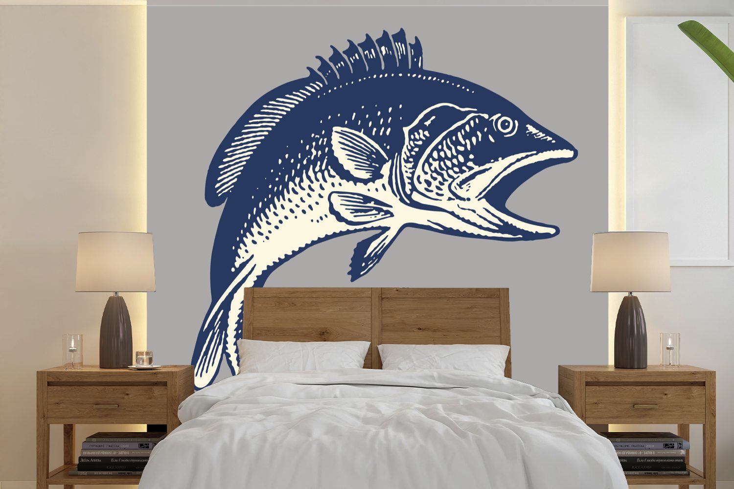 MuchoWow Fototapete Illustration eines Fisches auf grauem Hintergrund, Matt, bedruckt, (5 St), Vinyl Tapete für Wohnzimmer oder Schlafzimmer, Wandtapete