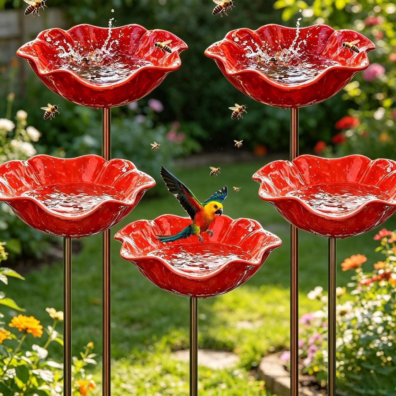 LuxusKollektion Vogeltränke Vogeltränke Stehend 5er Set Rot Blumenform