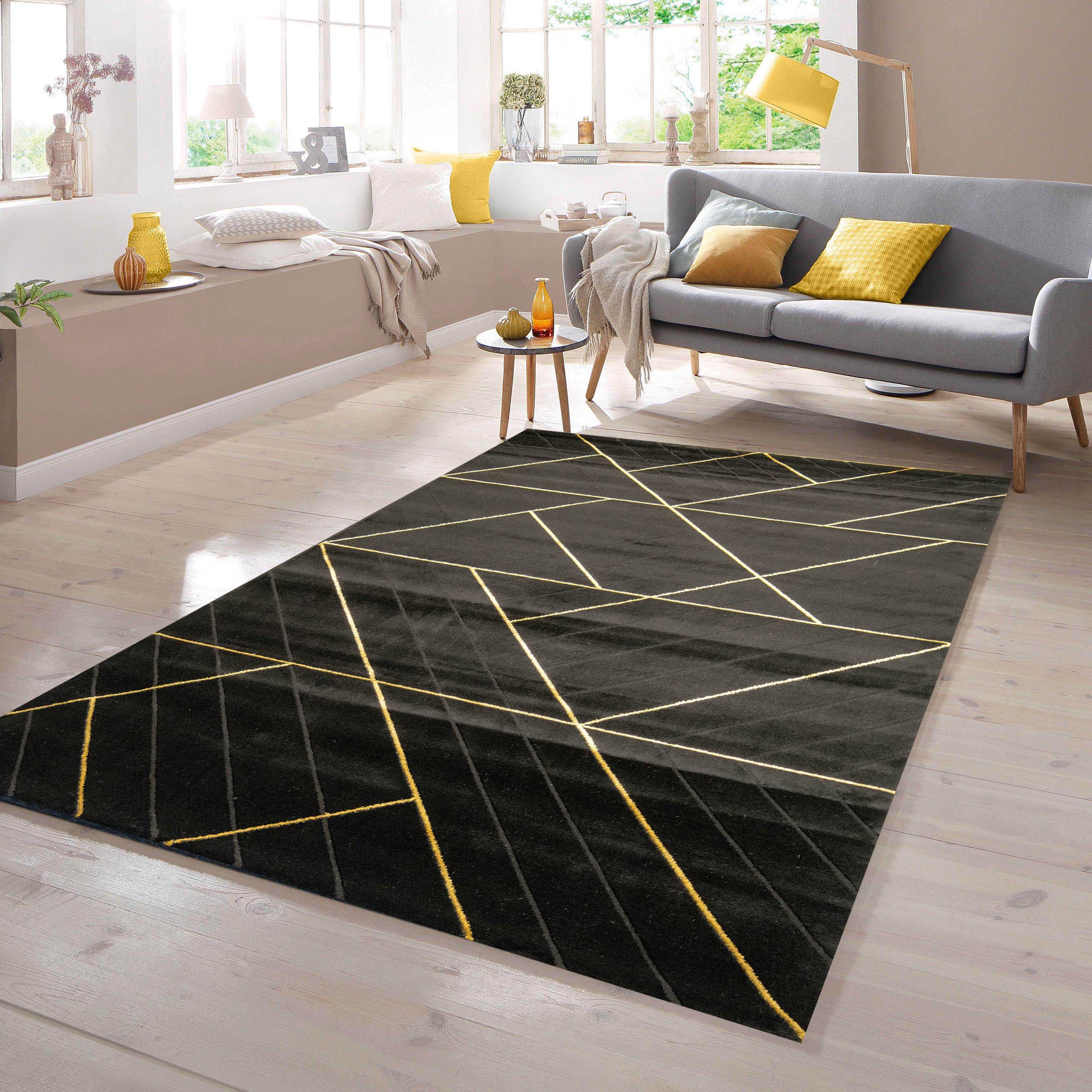 Teppich Teppich modern geometrisches Muster in schwarz gold, TeppichHome24, rechteckig