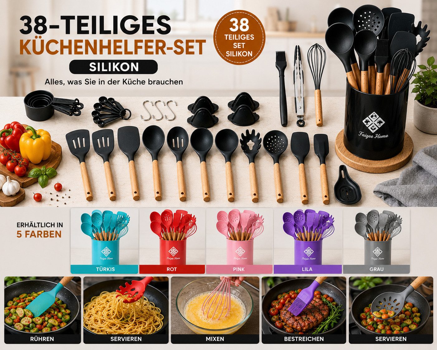 Faizee Home Kochbesteck-Set 38 tlg. Küchenhelfer Set in verschiedenen Farben Silikon (38-tlg)
