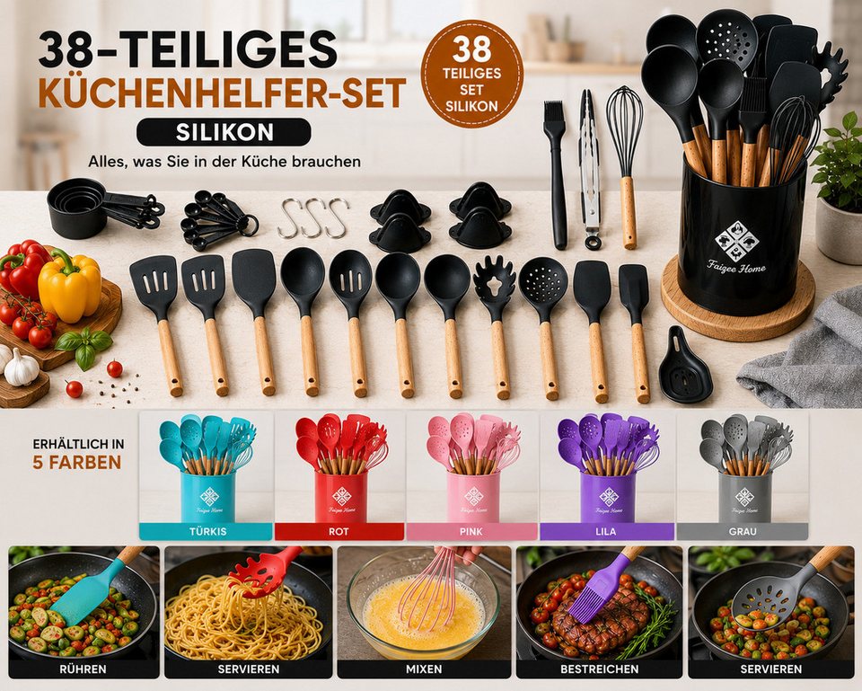 Faizee Home Kochbesteck-Set 38 tlg. Küchenhelfer Set in verschiedenen Farben Silikon (38-tlg)