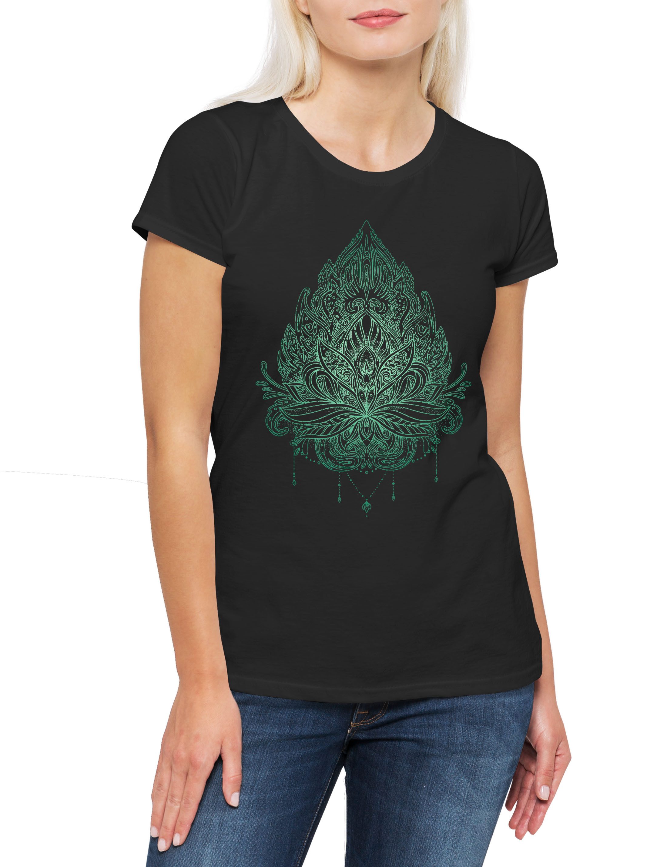Print-Shirt Green Lotus And Prayer Beads Damen T-Shirt Sutra Tantra OM Shiva