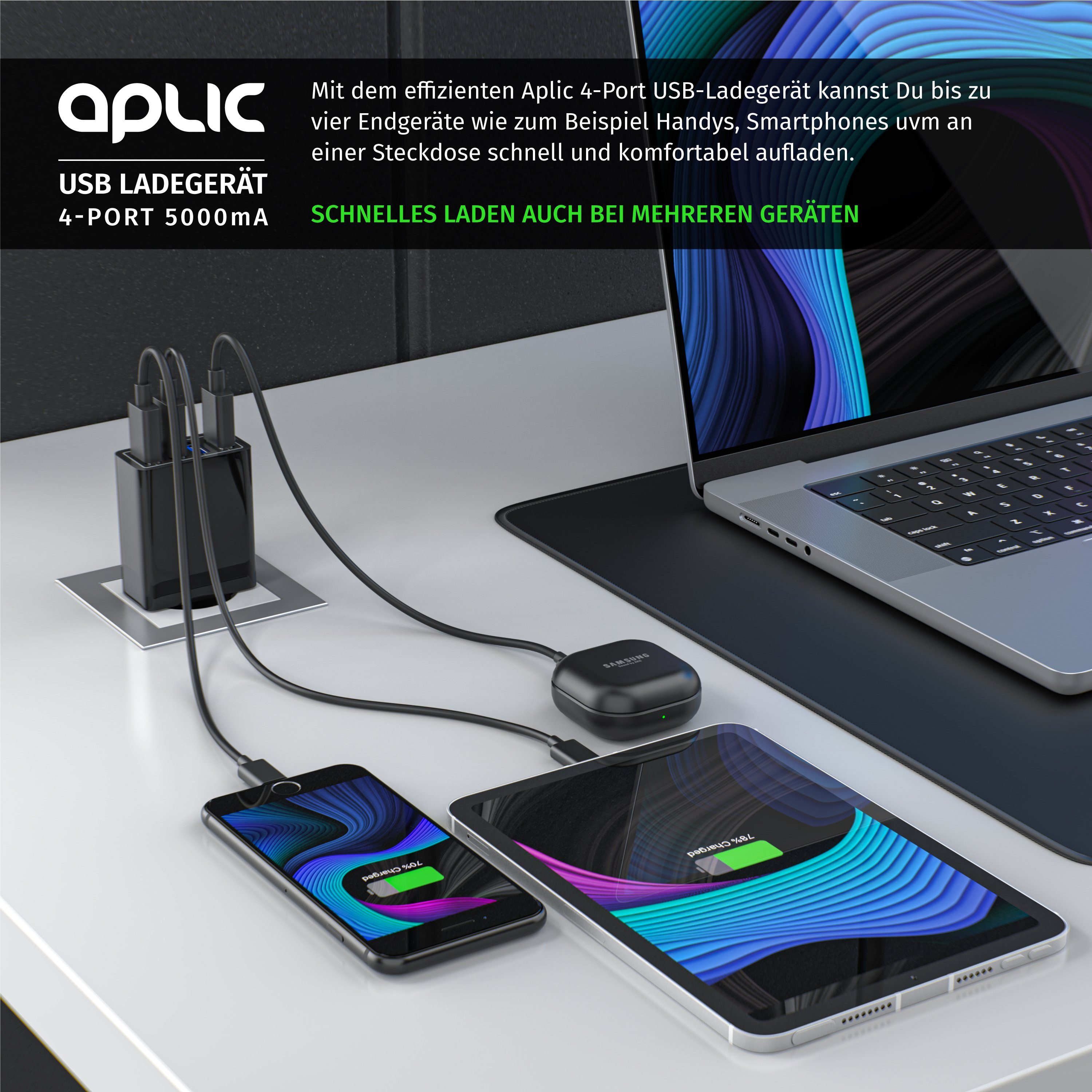 Aplic 4-Port Netzteil für Handy, Tablet uvm. 5000mA, 2,4A Max. je Port, 25W USB-Ladegerät (5000 mA, 1-tlg., lädt 4 Geräte gleichzeitig, für Familie, Büro und Re – Bild 5 von 5