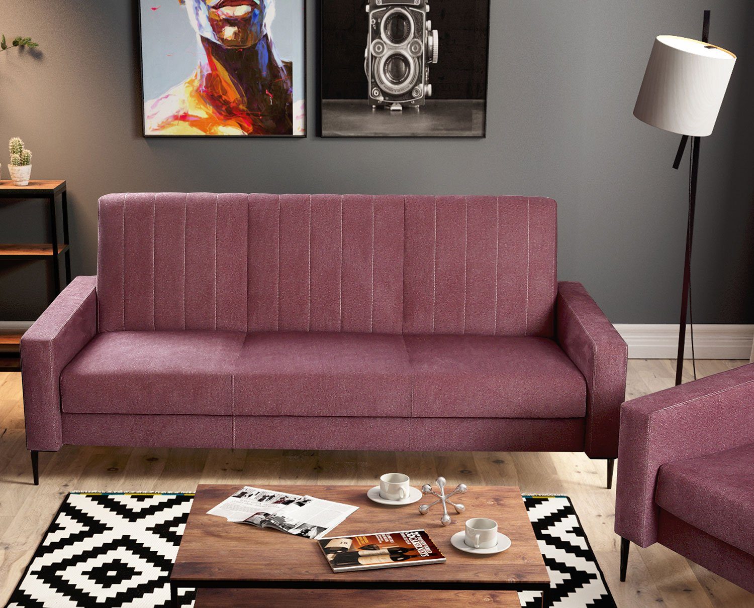 Feldmann-Wohnen Sofa Toronto, 226cm Farbe wählbar mit Schlaffunktion und Bettkasten rotviolett