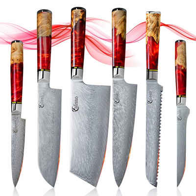 Calisso Messer-Set »Ruby Line Küchenmesser Damastmesser Messerset« (Advanced-Set, 6-tlg), Damaszener Messer