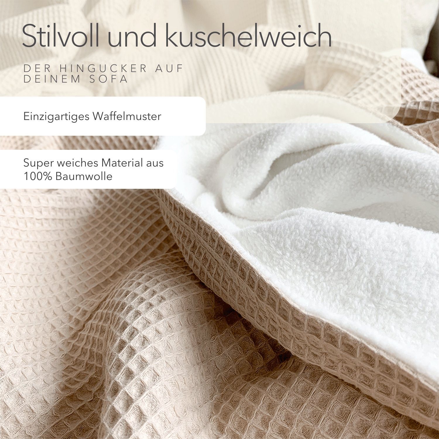 Wohndecke flauschige Kuscheldecke, wärmende Couchdecke aus 100% Baumwolle, blanketino, Stilvolle Sofadecke, Überdecke in Creme & Sandweiß – Bild 2 von 5