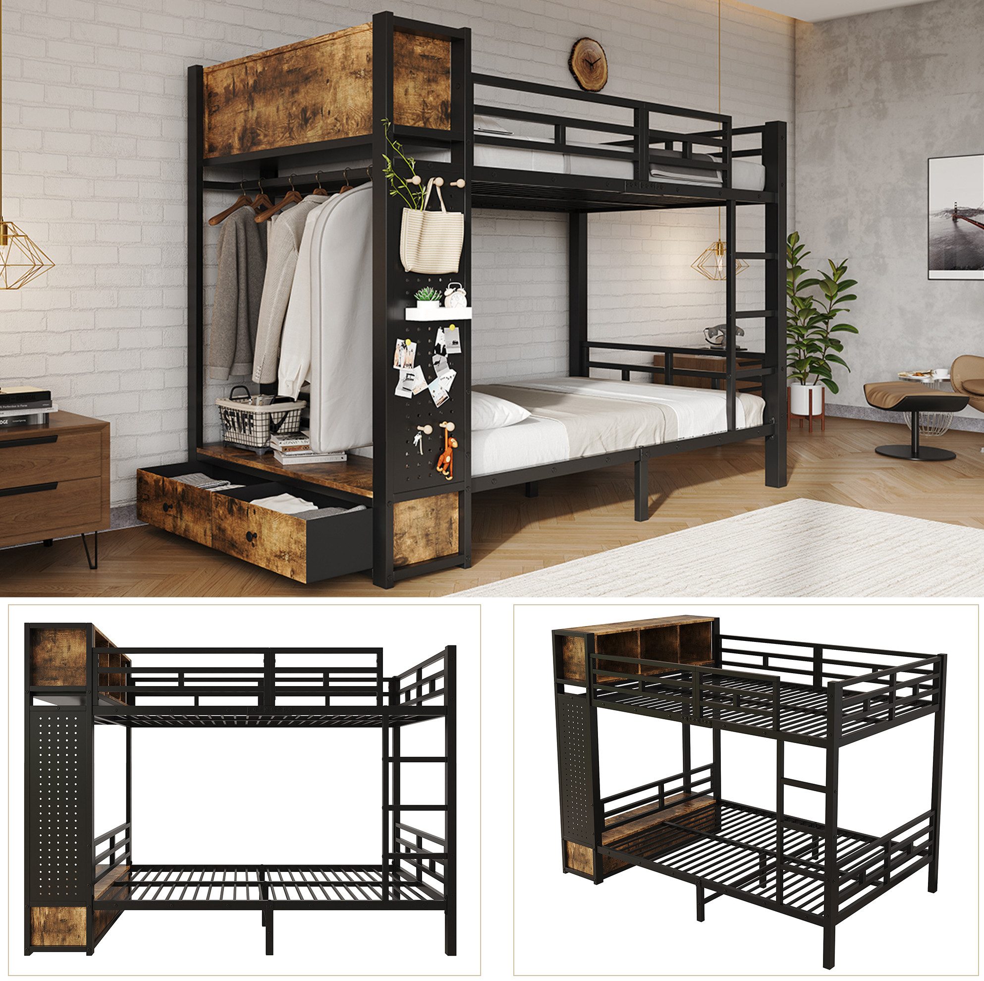 MODFU Etagenbett Kinderbett, offenen Fächern, Kleiderstange und Schublade (120x200 cm Metallbett mit stabilem Metallrahmen, Stauraumlösung, Jugendbett Funktionsbett), ohne Matratze