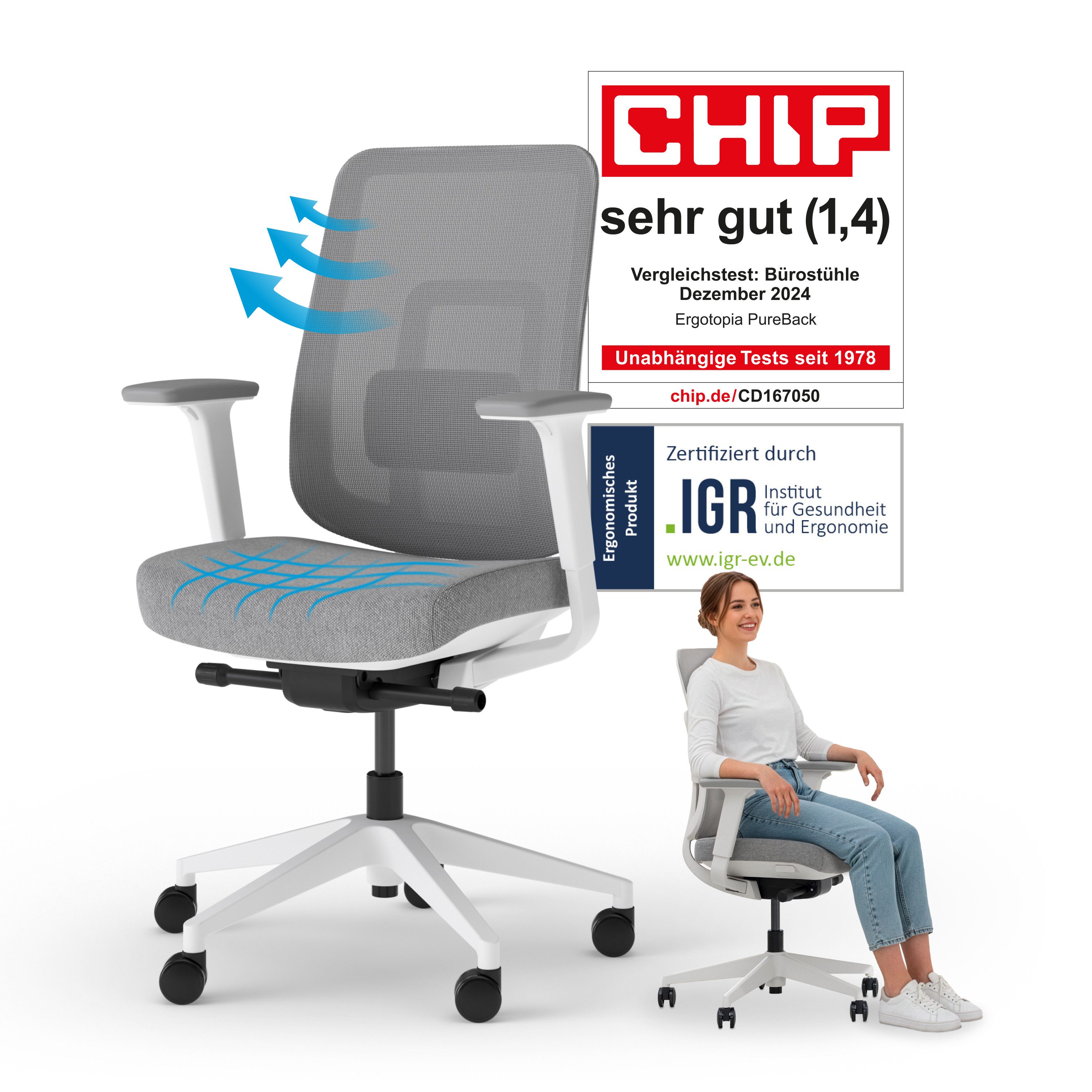 Ergotopia Bürostuhl PureBack ergonomischer Schreibtischstuhl