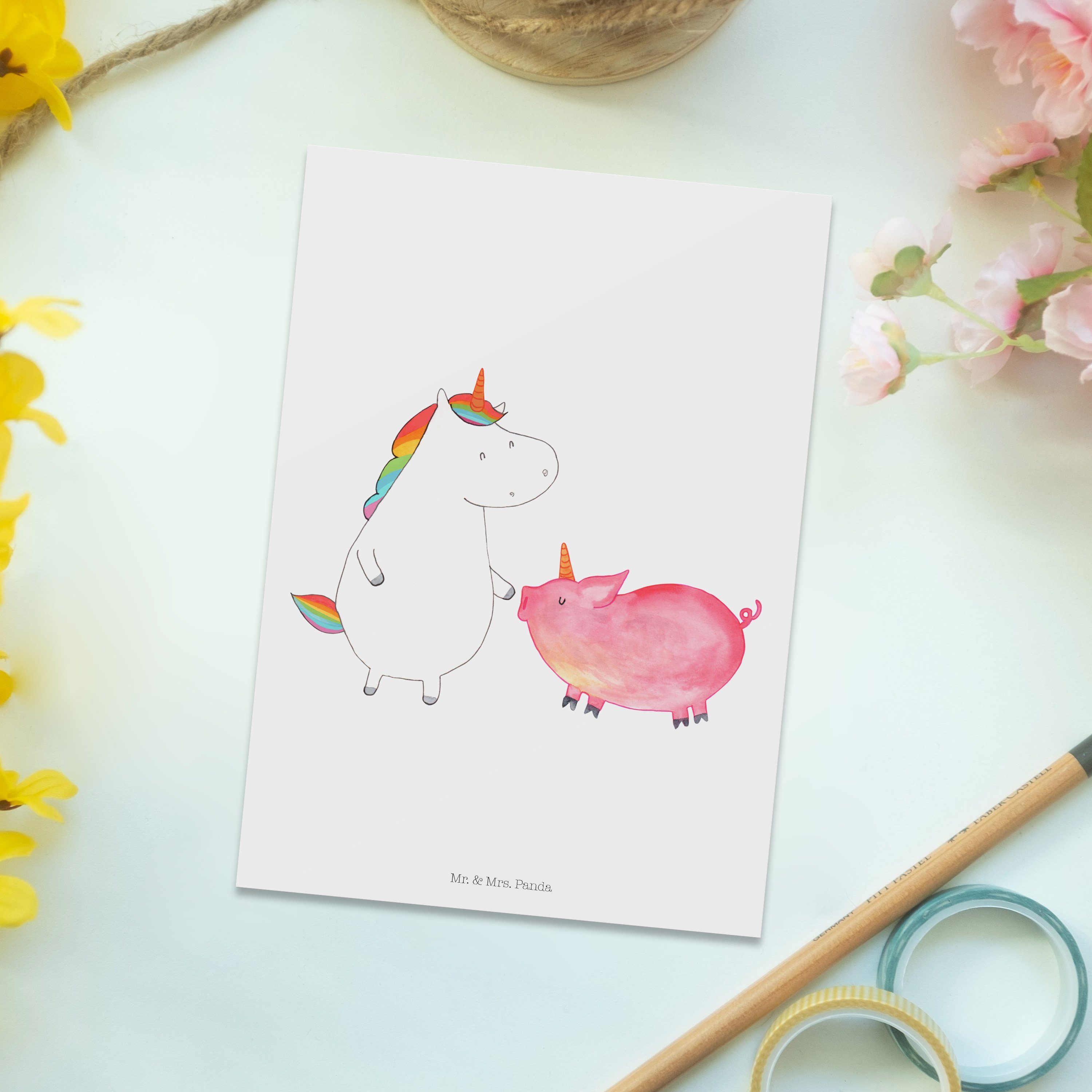 Mr. Unicorn, & Panda Schweinhorn - Mrs. Postkarte Geburtst - Einhorn + Geschenk, Grußkarte, Weiß