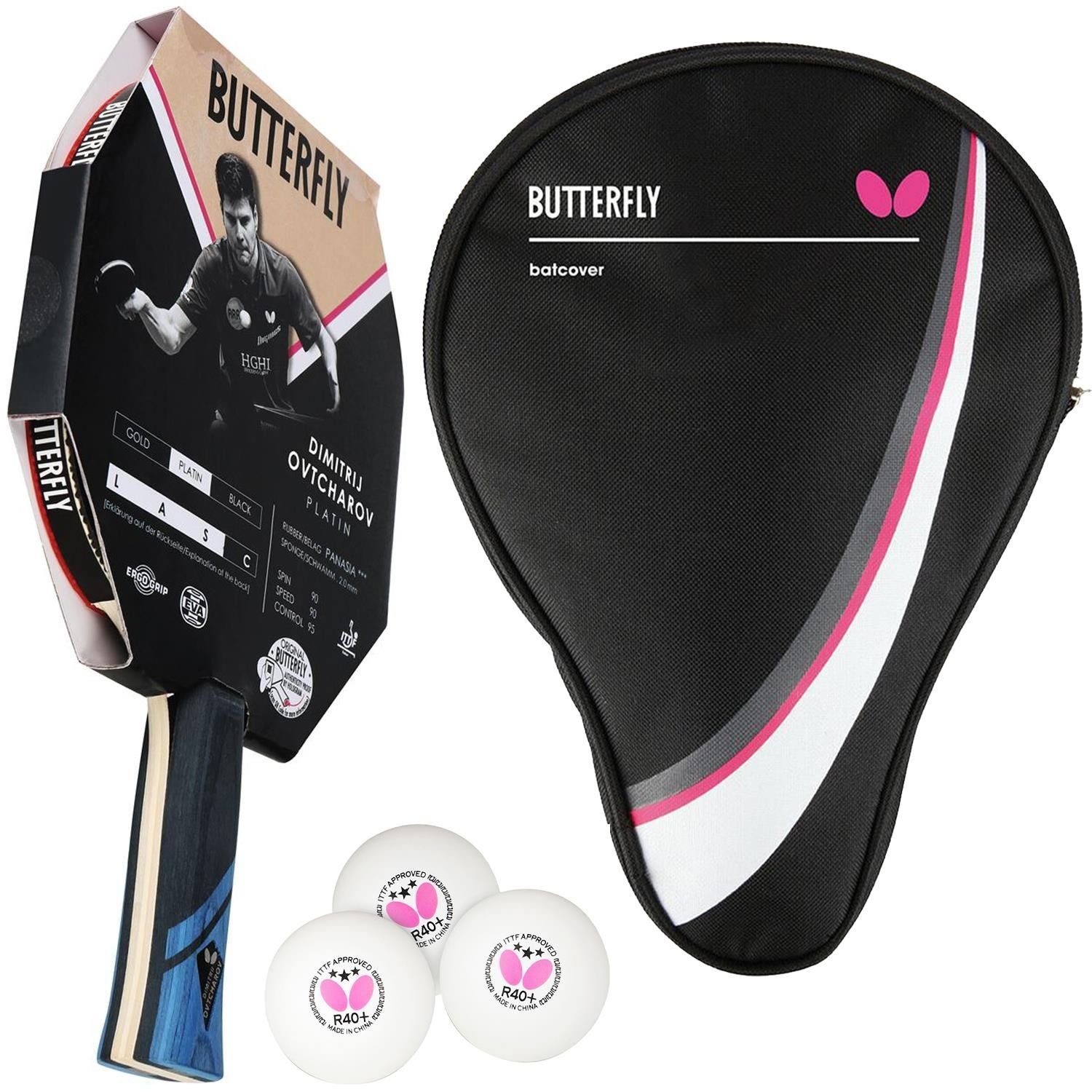 Butterfly Tischtennisschläger 1x Dimitrij Ovtcharov Platin + DC1 + Bälle, Tischtennis Schläger Set Tischtennisset Table Tennis Bat Racket