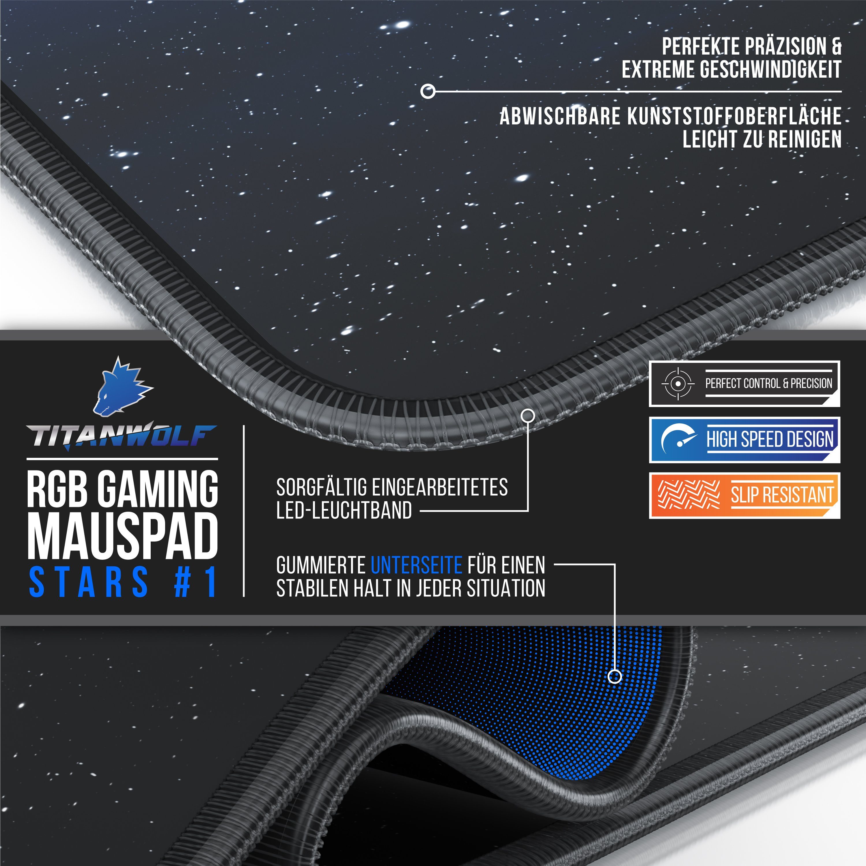 Titanwolf Gaming Mauspad RGB Mousepad 900 x 400 x 3 mm, Multi Color LED XXL Tischunterlage, rutschfest, abwaschbar, Geschwindigkeit & Präzision, Stars Design 1
