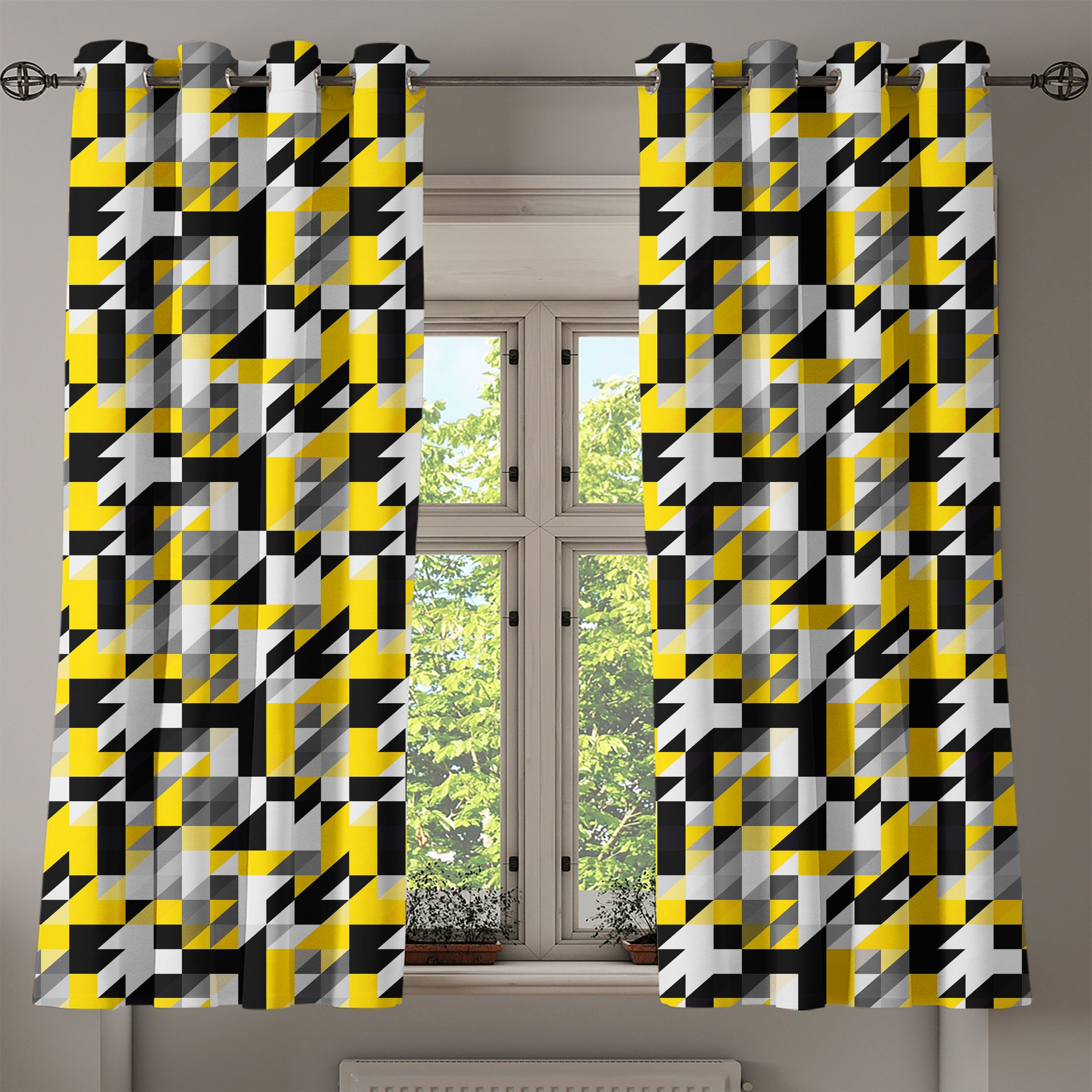 für Abakuhaus, 2-Panel-Fenstervorhänge Schlafzimmer Quadrate und Wohnzimmer, Gardine Gelb Dekorative weiss Houndstooh