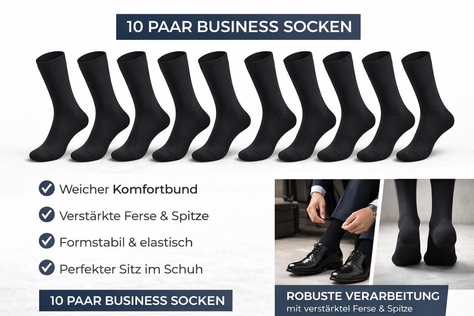 EloModa Basicsocken 10 Paar Herren Business Socken – Komfortbund – 80% Baumwolle – Schwarz (10-Paar) mit Komfortbund ohne Gummi – Bild 3 von 3
