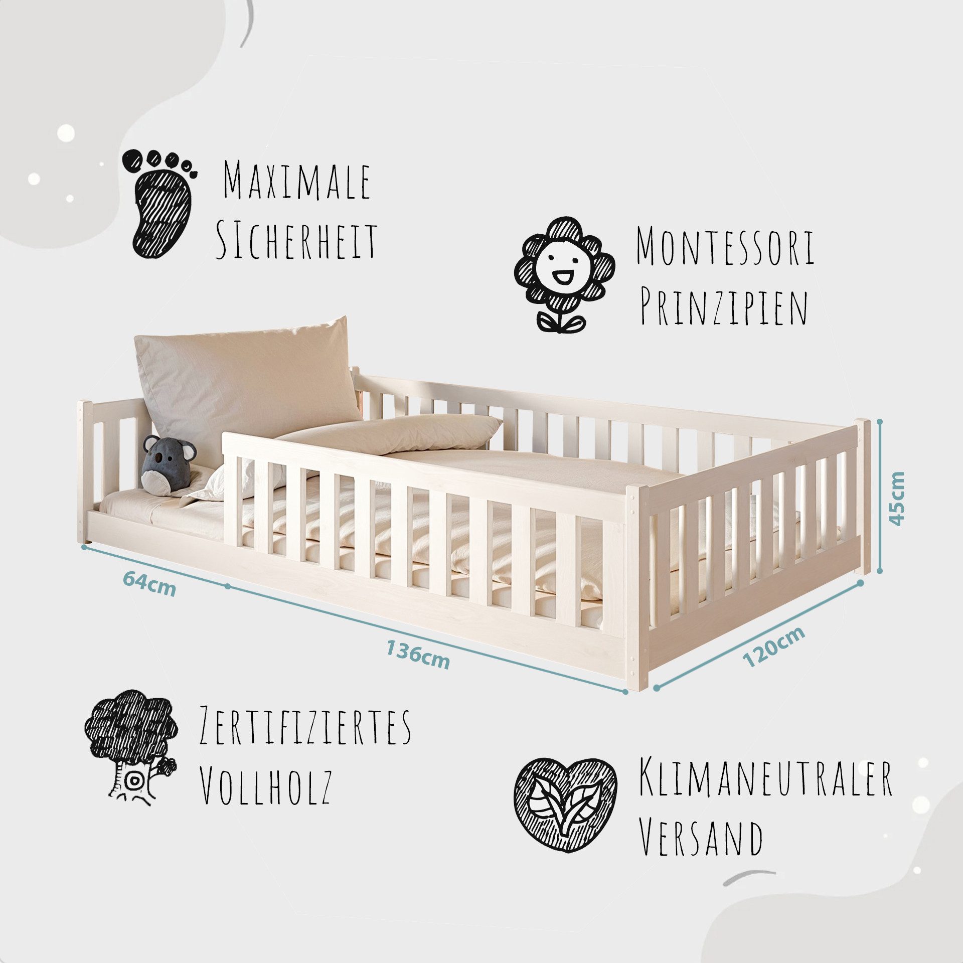Kids Collective Kinderbett Bodenbett Bett mit Rausfallschutz & Lattenrost Montessori Bett Kinder (Jungen, Mädchen, Kinder, weitere Größen 80x160, 90x200, 140x200 cm), Gitterbett Jugendbett natur mit Matratze Junge Mädchen 120x200cm