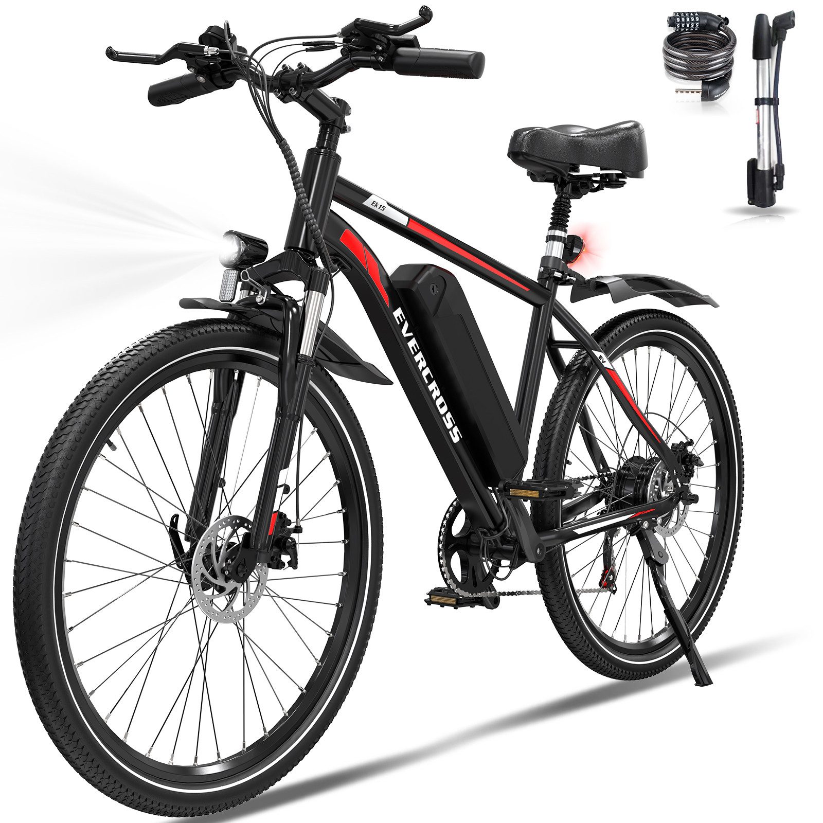 EVERCROSS TECH E-Bike Cityrad für Pendler,27,5-Zoll-Elektrofahrrad,36V 13AH AKKU, 7 Gang, Heckmotor, 468 Wh, 1 Gang, 250W, 468 Wh,E-Citybike mit Schloss, Pumpe