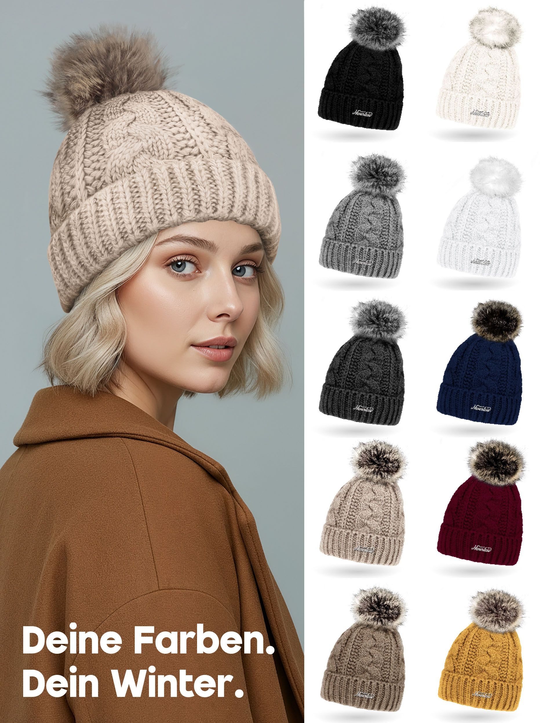 Neverless Bommelmütze Damen Strick-Mütze gefüttert Fell-Bommel Kunstfell Winter-Mütze