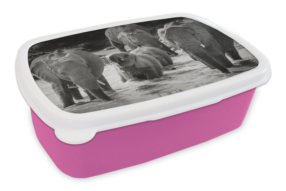 MuchoWow Lunchbox Elefant - Tiere - Wasser - Schwarz und weiß, Kunststoff, (2-tlg), Brotbox für Erwachsene, Brotdose Kinder, Snackbox, Mädchen, Kunststoff rosa