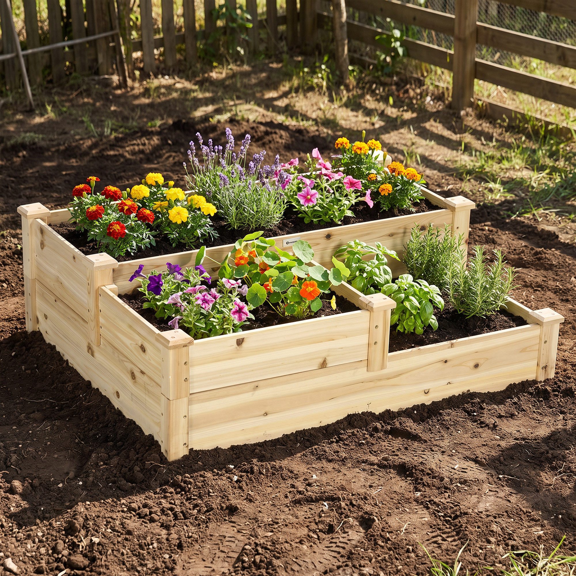 Outsunny Hochbeet Blumenkasten, Kräuterbeet, Blumentreppe für Balkon, Natur (Pflanzenbeet, 1 St., Pflanzentreppe), für Balkon, Garten Tannenholz