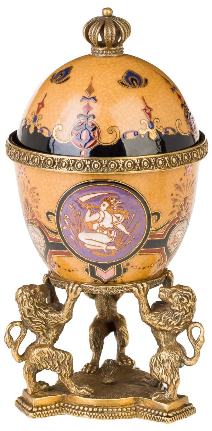 Dekoobjekt Schmuck Ei Dose Löwe Porzellan Messing Antik-Stil - 26cm