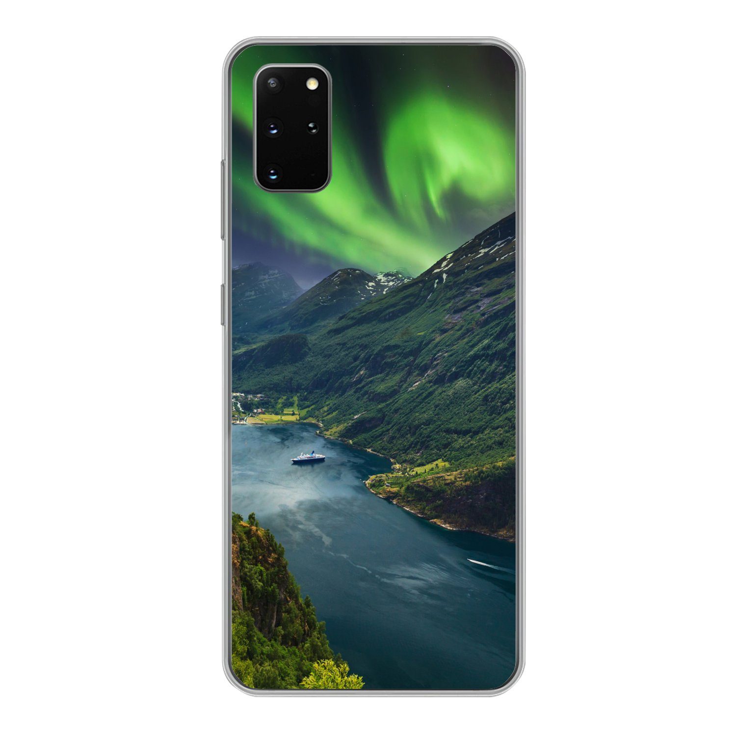 MuchoWow Handyhülle für Samsung Galaxy S20 Plus Nordlichter - Berg - Boot - Norwegen, Phone Case, Silikon, Schutzhülle Dünn