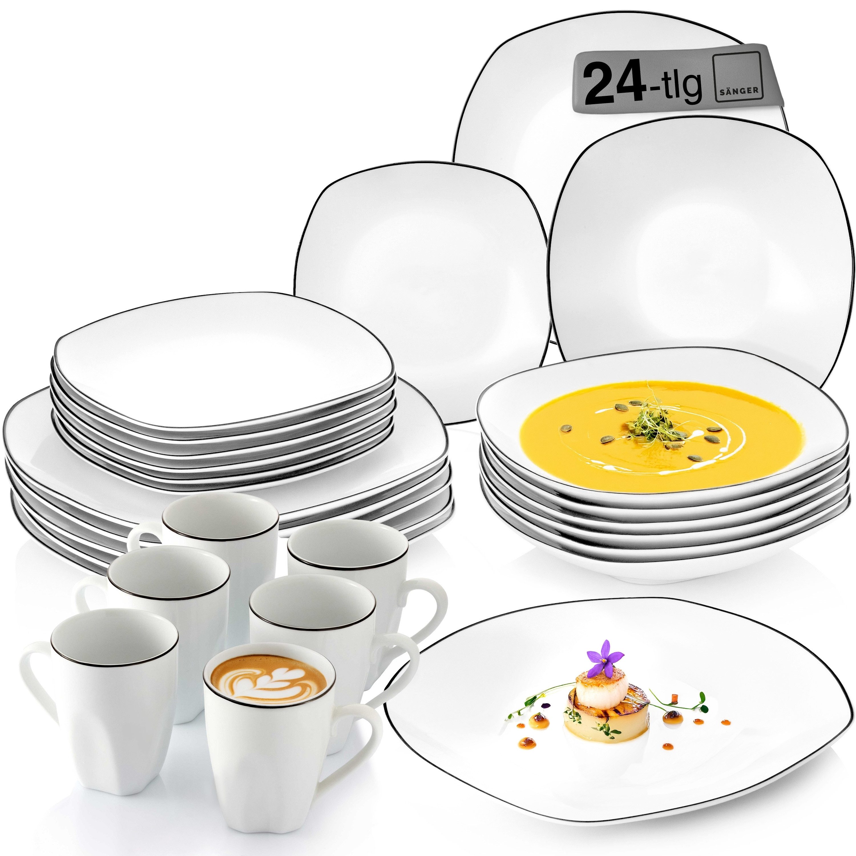 SÄNGER Tafelservice Bilgola Black Rim (24-tlg), 6 Personen, Porzellan, Weiß mit schwarzen Akzenten, spülmaschinenfest, Premium Collection