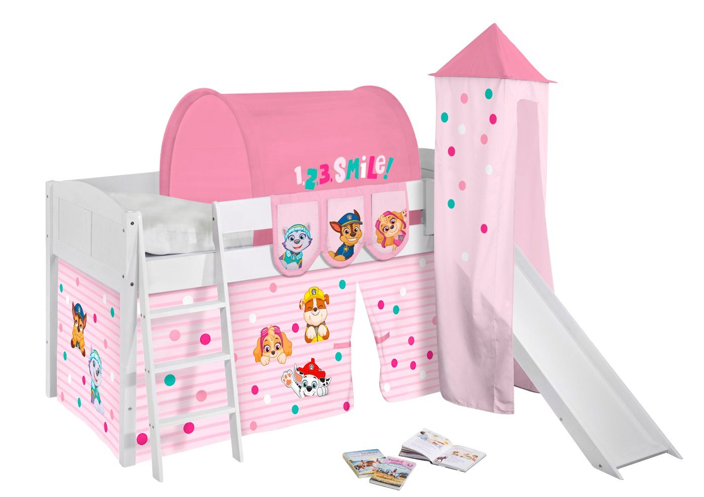 Lilokids Kinderbett Hochbett IDA Landhaus mit Rutsche, Vorhang & Turm PAW PATROL 200x90cm