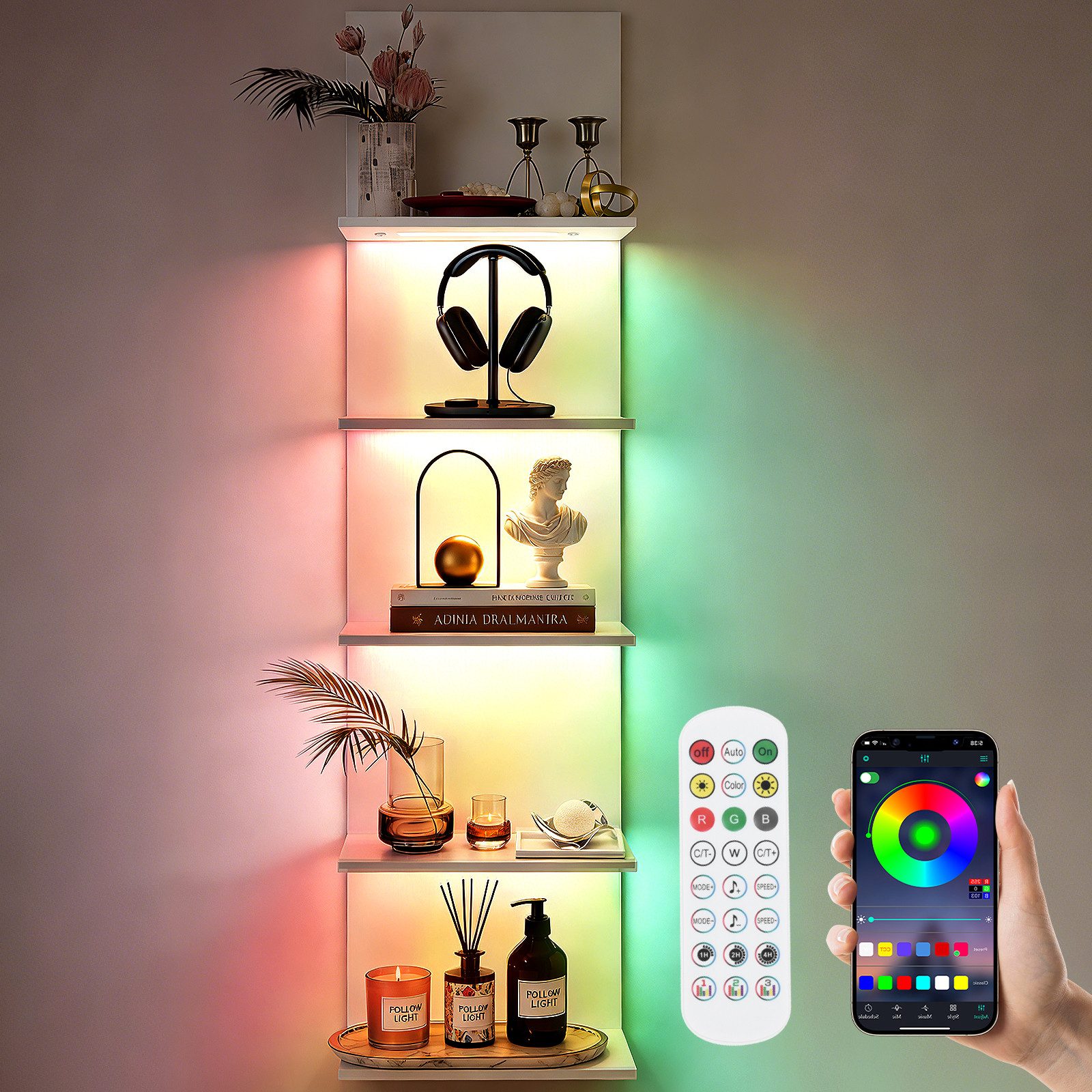 XIIW Wandregal RGB+IC Beleuchtung Holz Schweberegal 5Ebenen Pflanzenregal Bücherregal, 117x30cm Wand Regal 16 Million Farbe APP, + Fernbedienung für Schlafzimmer Wohnzimmer