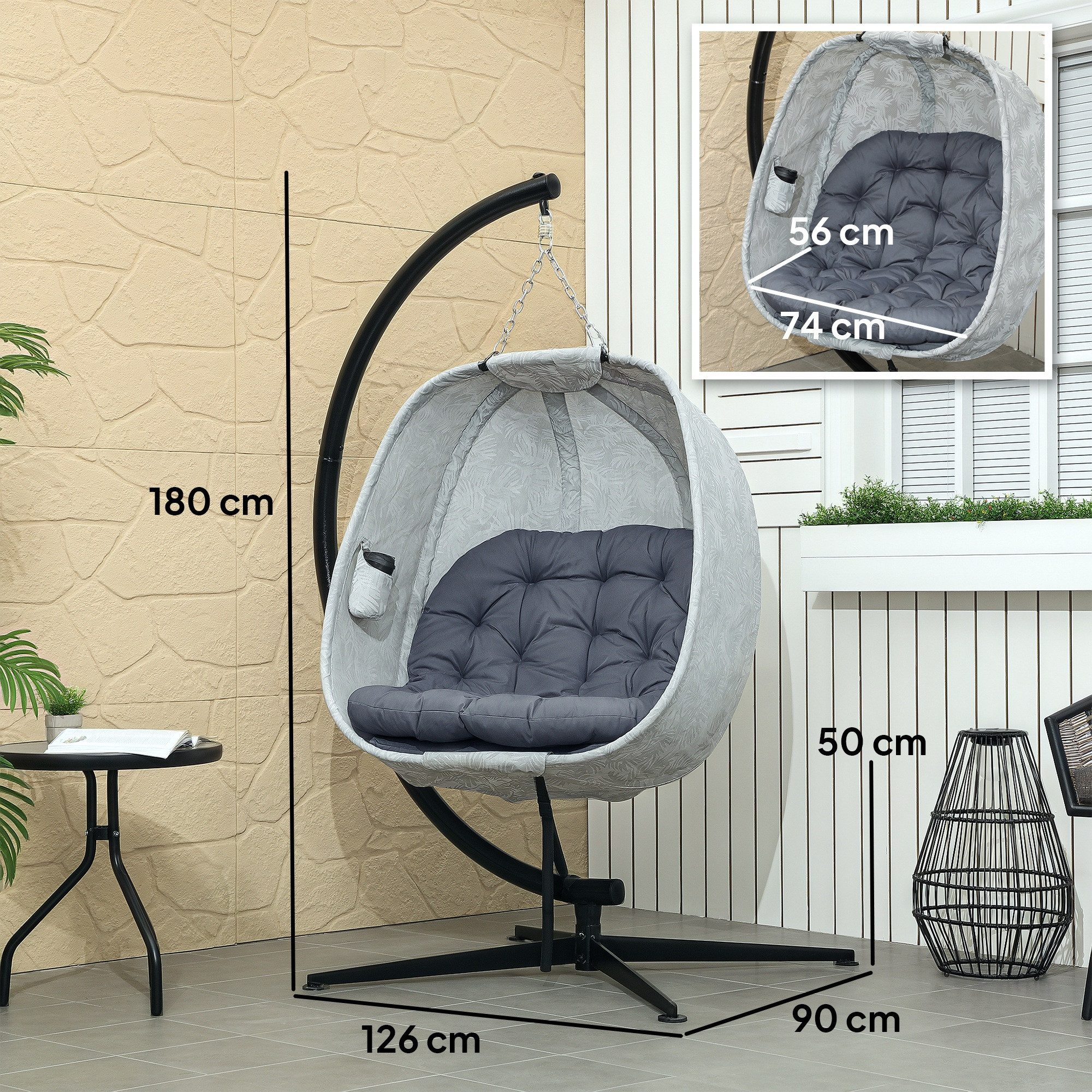 Outsunny Hängesessel Eiförmig, mit Gestell, Sitzpolstern (Faltbar Hängeschaukel, 1-St., Hängematte), für 1 Personen, Indoor Outdoor, Terrasse, Garten, Grau