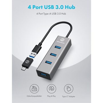 GRAUGEAR G-HUB4-AC USB-Adapter, USB HUB 4x USB 3.0 Ports inkl. USB-C zu USB-A Adapter Aluminium