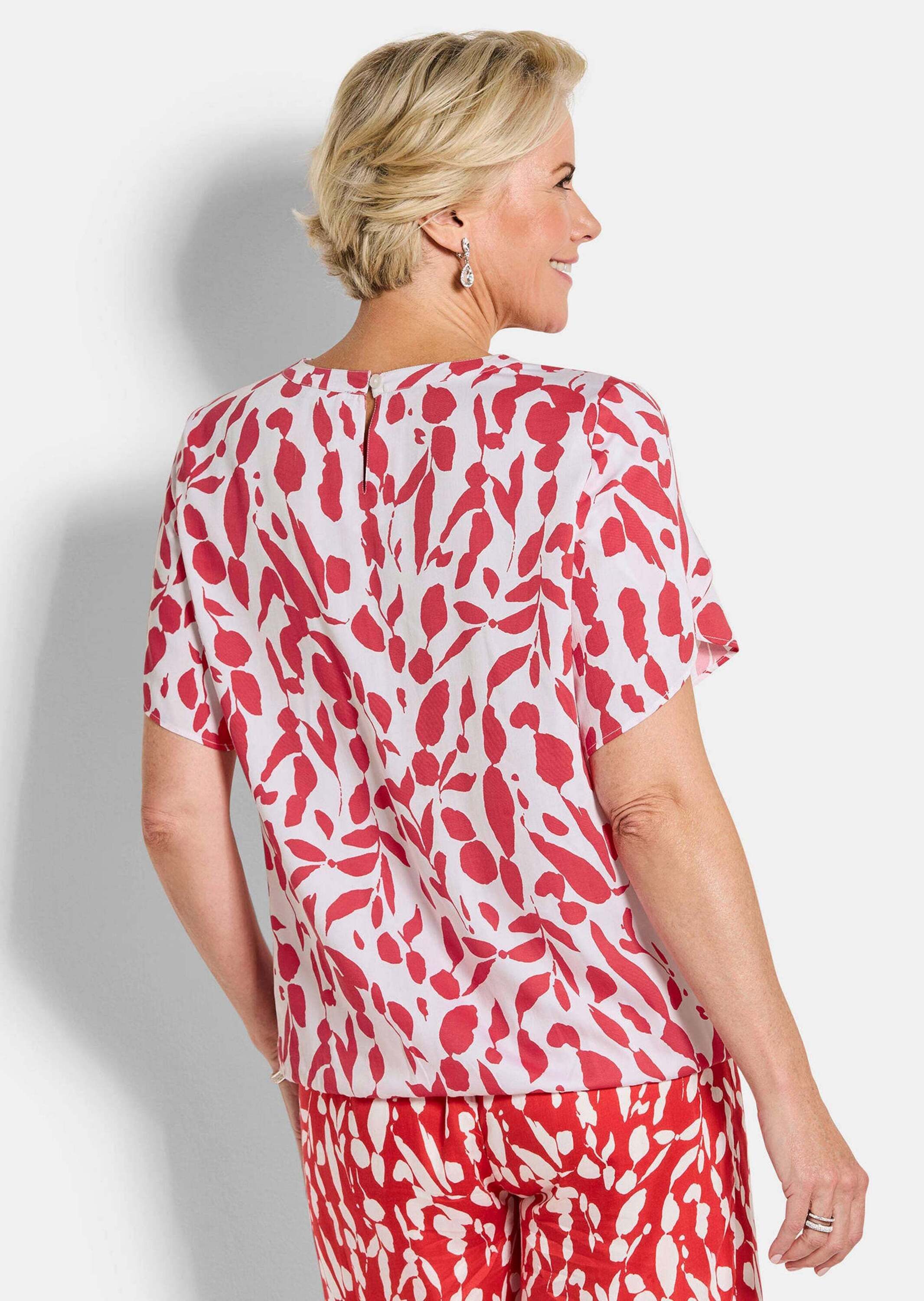 GOLDNER Klassische Bluse Viskosebluse mit Tulpenärmeln Schlupfbluse mit Rundhals mit Schlitz, Gummibund und Halbarm