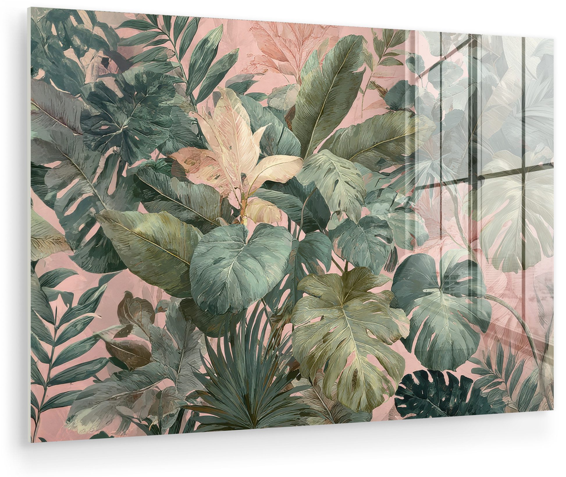 MuchoWow Acrylglasbild Zusammensetzung der Blätter - Grün - Rosa, Inkl. Aufhängung, Glasbilder Wohnzimmer, Schlafzimmer, Flur & Esszimmer, 30x20 cm