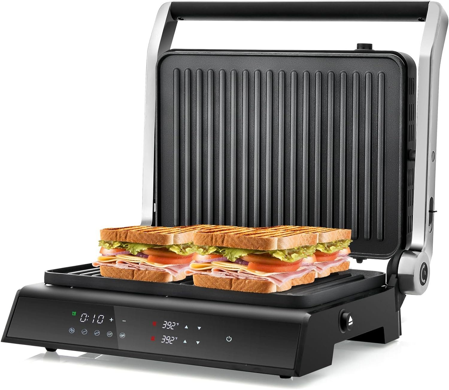 KOMFOTTEU Kontaktgrill Panini Pressgrill, 1200,00 W, LED-Anzeige, Antihaftplatten & Tropfschale