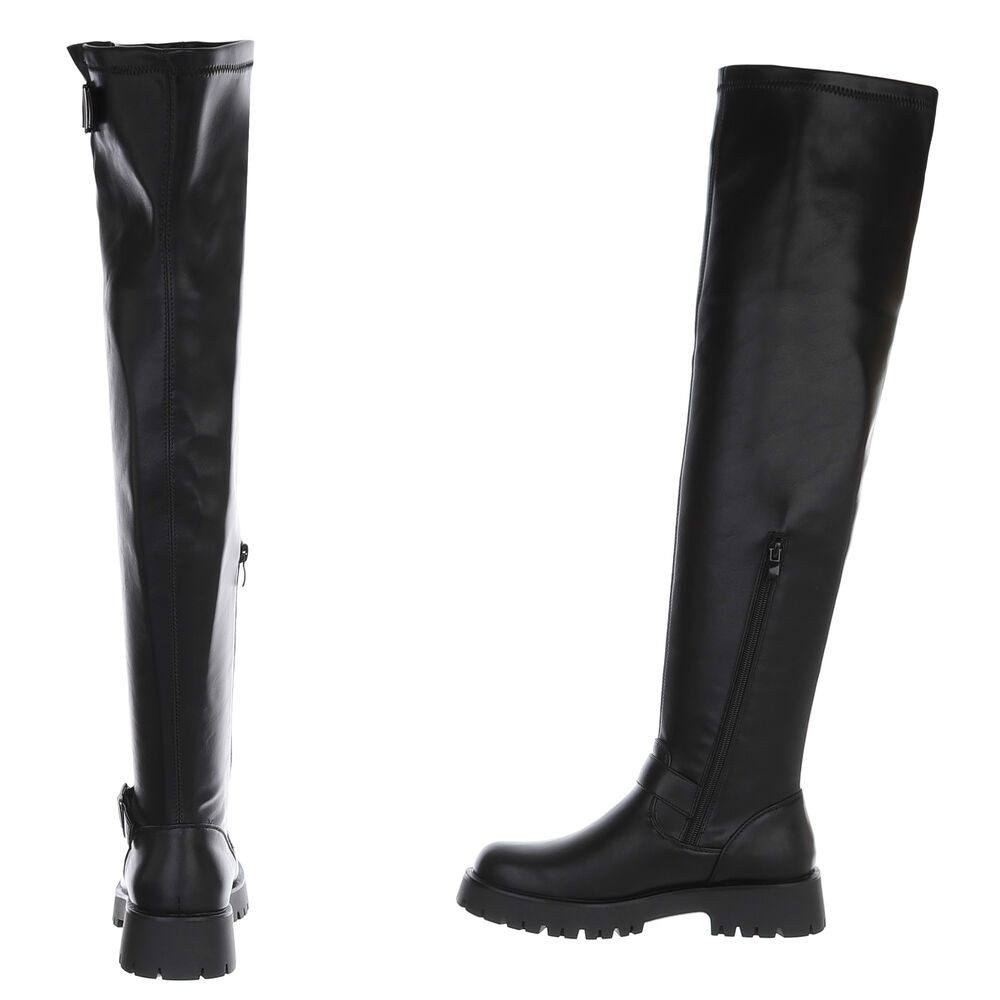 Ital-Design Kniehohe Damenstiefel mit Schnalle für Alltag und Freizeit Plateaustiefel (90153114) Blockabsatz Overknees in Schwarz