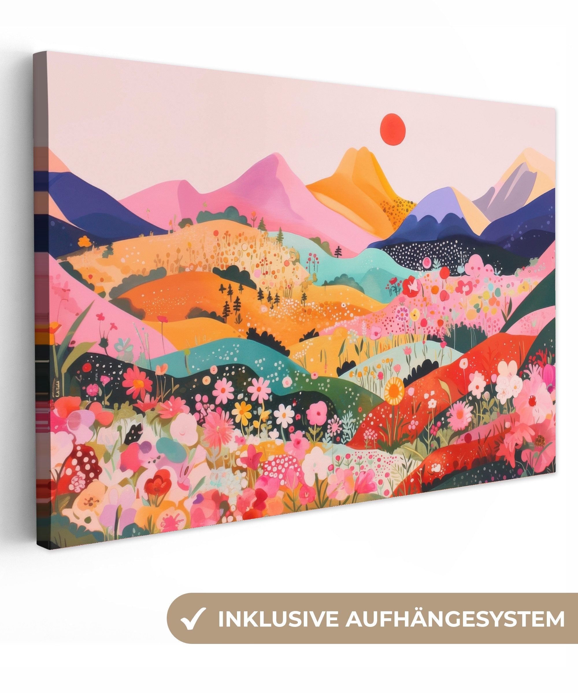 OneMillionCanvasses® Leinwandbild Bunte Blumen - Berge - Fantasielandschaft günstig online kaufen
