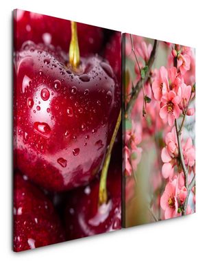 Sinus Art Leinwandbild 2 Bilder je 60x90cm Kirschen Früchte Rot Kirschblüten Kirschzweig Frühling Natur