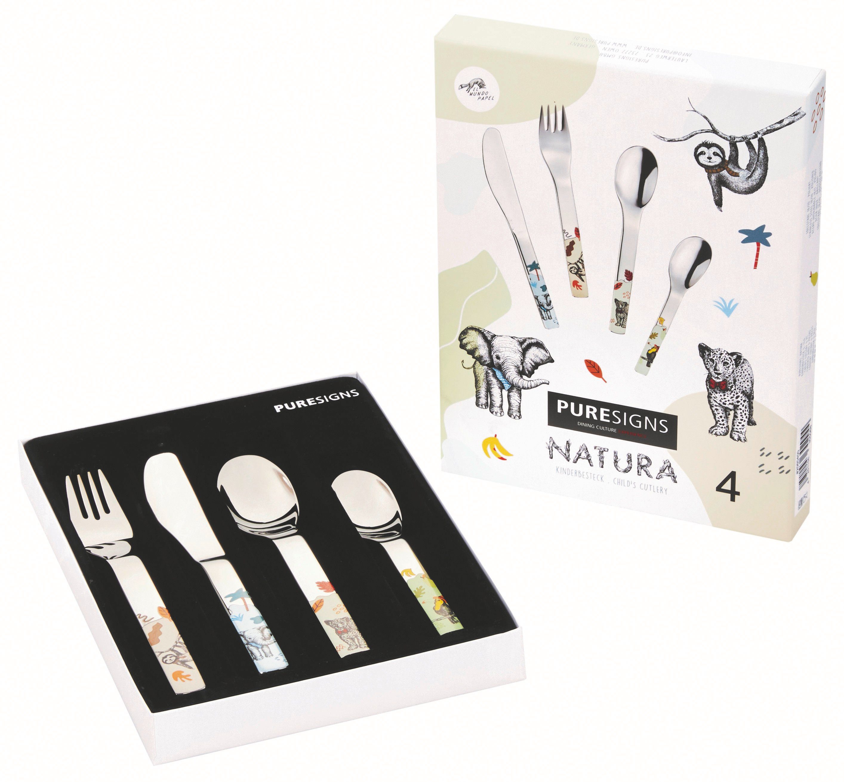 PURESIGNS Kinderbesteck NATURA (4-tlg), 1 Personen, Edelstahl 18/10, Plastikfreier Essgenuss für die Kleinen