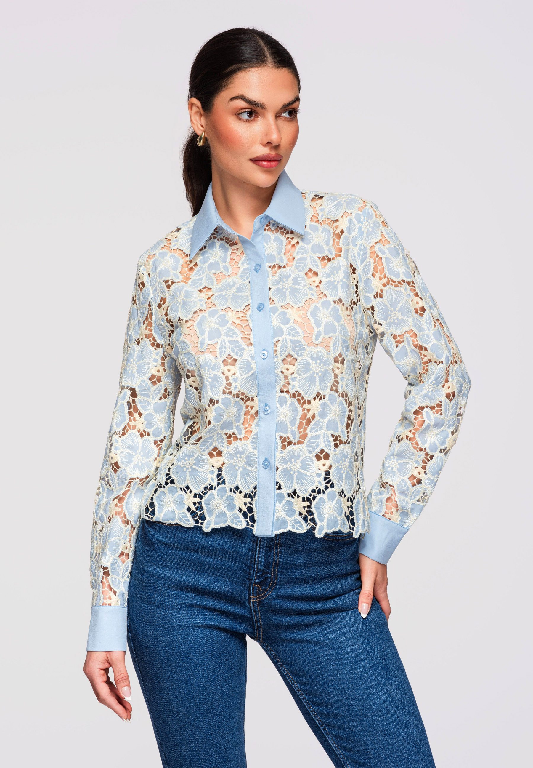 OMBRE Spitzenbluse Damen-Spitzenbluse mit klassischem Kragen