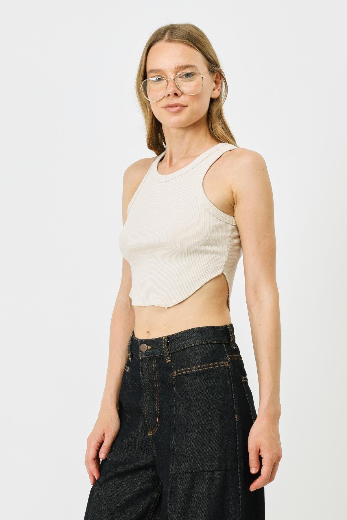C&CITY Kurzarmbody Damen Geripptes Träger Crop Top