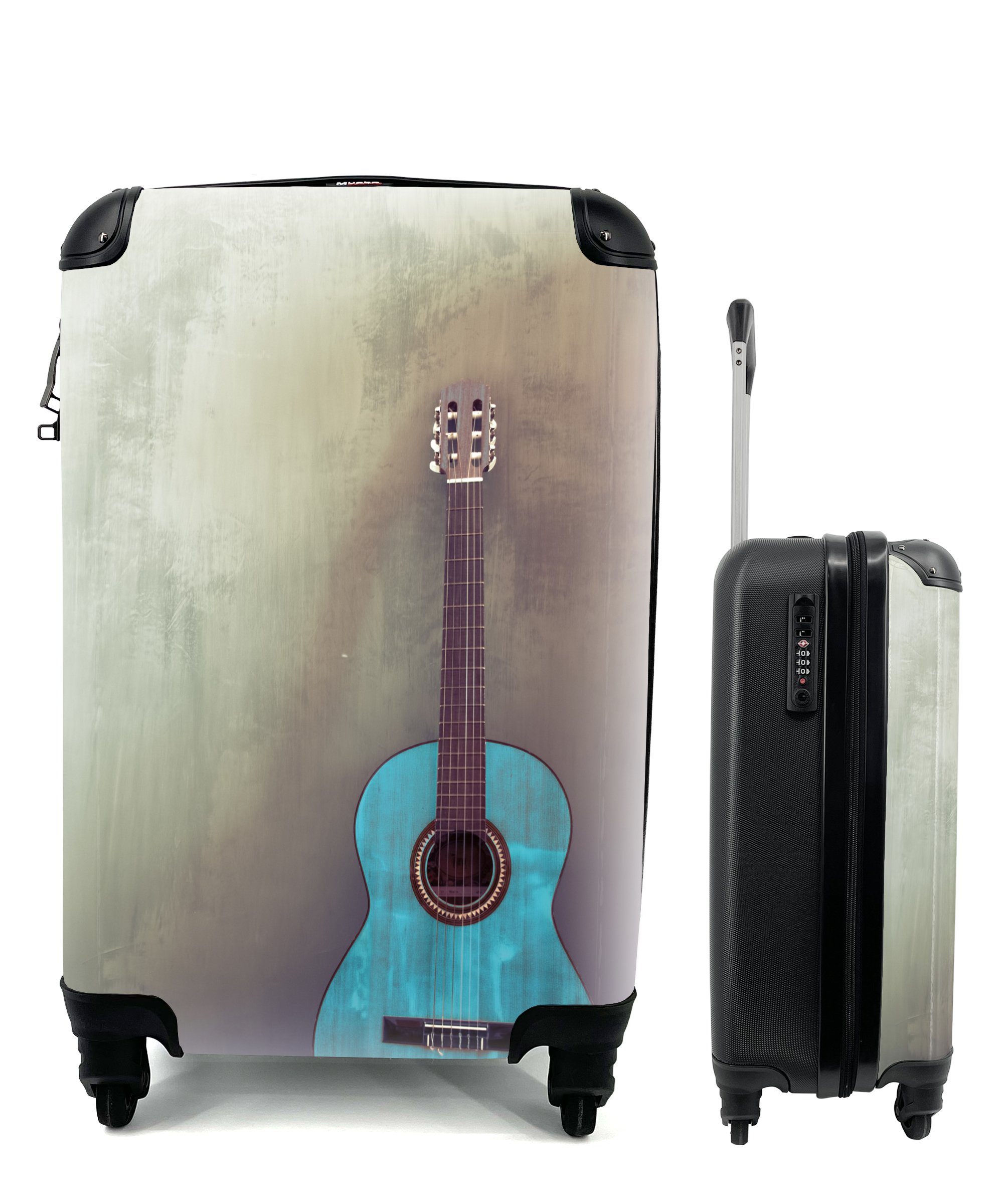 für Rollen, Handgepäck Raum Reisekoffer Reisetasche einem einer akustische Gitarre mit in rollen, 4 Betonwand, Ferien, Farbige MuchoWow Trolley, Handgepäckkoffer mit