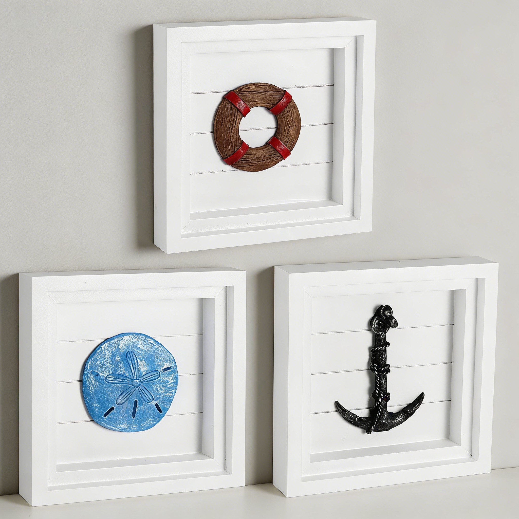 BlingBin Wanddekoobjekt 3 Stück Nautische Wanddekoration Set mit Muschel, Rettungsring, Anker (3er Set 3D Maritime Wanddekoration, 3 St., 16 × 16 × 3 cm (pro Stück), Ozean Thema Strand Wanddekoration für Wohnzimmer und Badezimmer