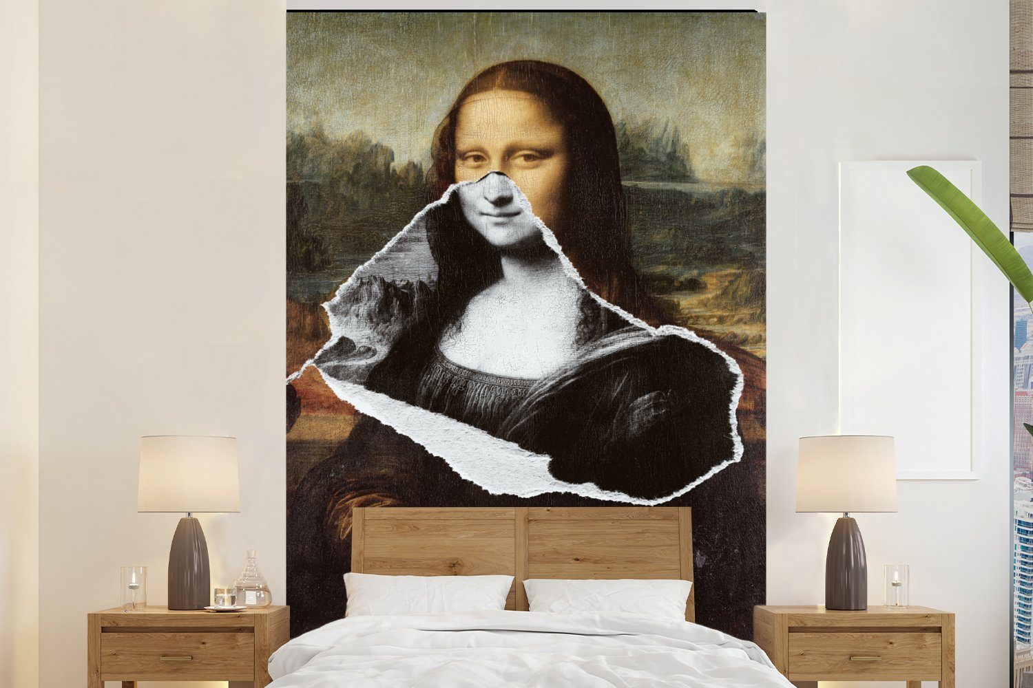 (3 Vinci, St), Lisa Vinyl Montagefertig Wohnzimmer, für MuchoWow Fototapete Matt, - Mona bedruckt, - Schwarz Tapete weiß Wandtapete Da und