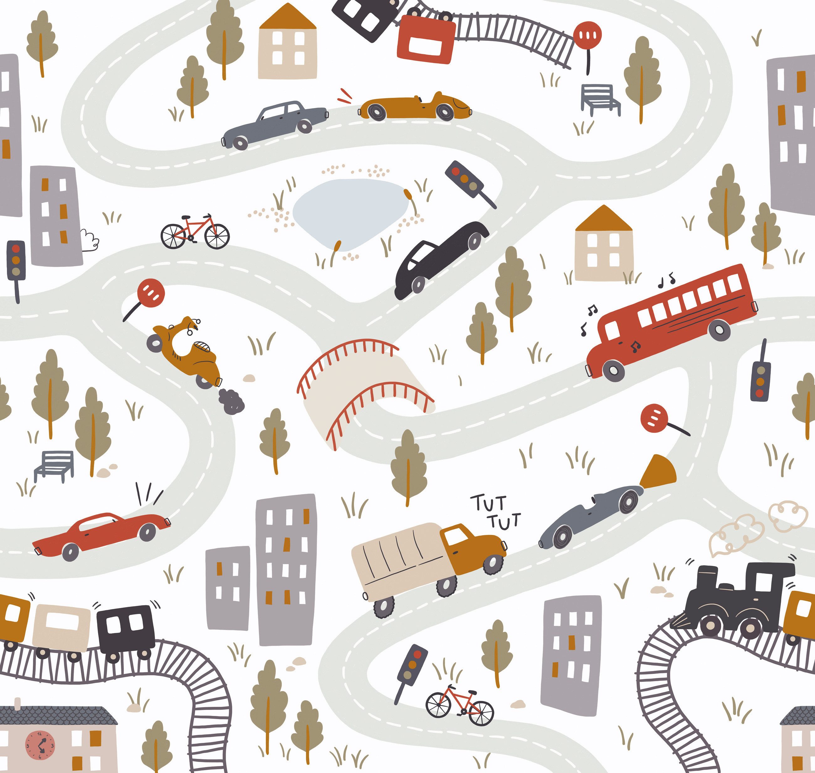 Rasch Fototapete Autos in Rot, Roomblush - RB383 - 2,85m x 3,00m, glatt, Comic, grafisch, gemustert, mehrfarbig, urban, kindlich, (1 St), Kinderzimmertapete