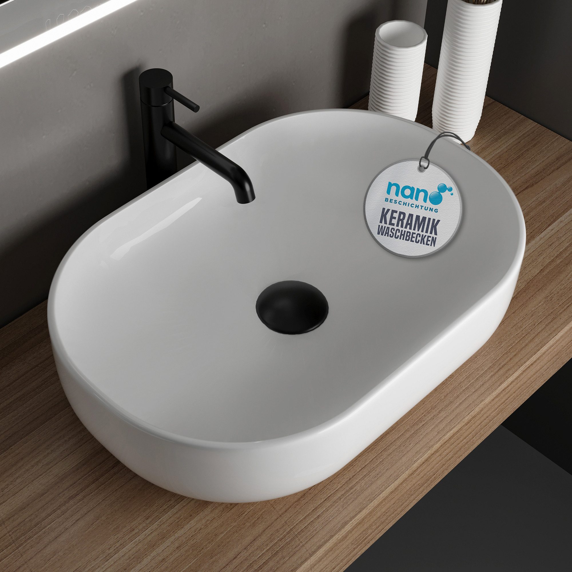 Alpenberger Aufsatzwaschbecken Bad Waschbecken Gäste WC Handwaschbecken Waschschüssel für Waschplätze (Waschschale Weiß, Aufsatzbecken mit Nano), Kleines Waschbecken Oval ohne Hahnloch