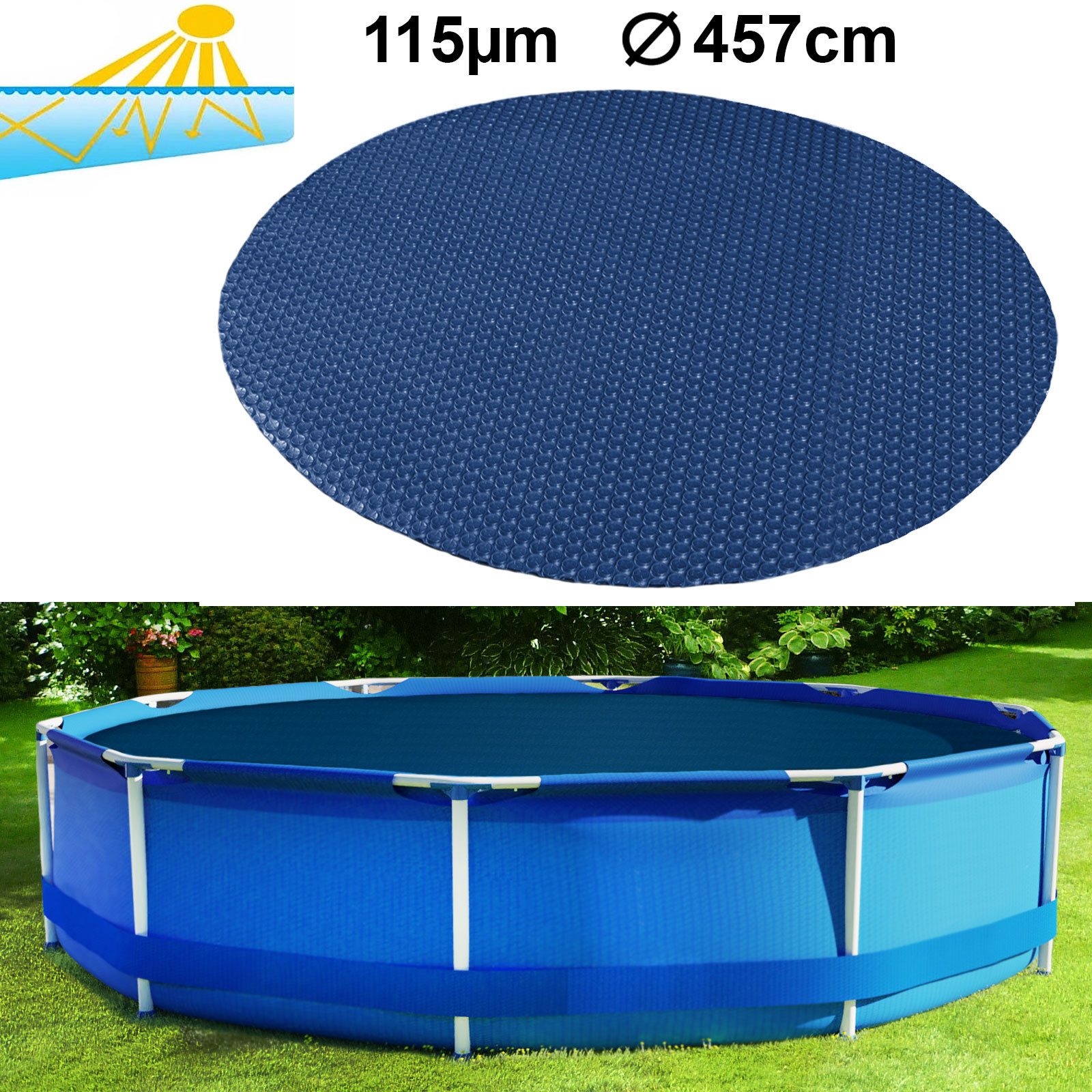 RAMROXX Solarabdeckplane 457cm Pool Rund Poolheizung Solarfolie Abdeckung Blau Schwarz 115µm