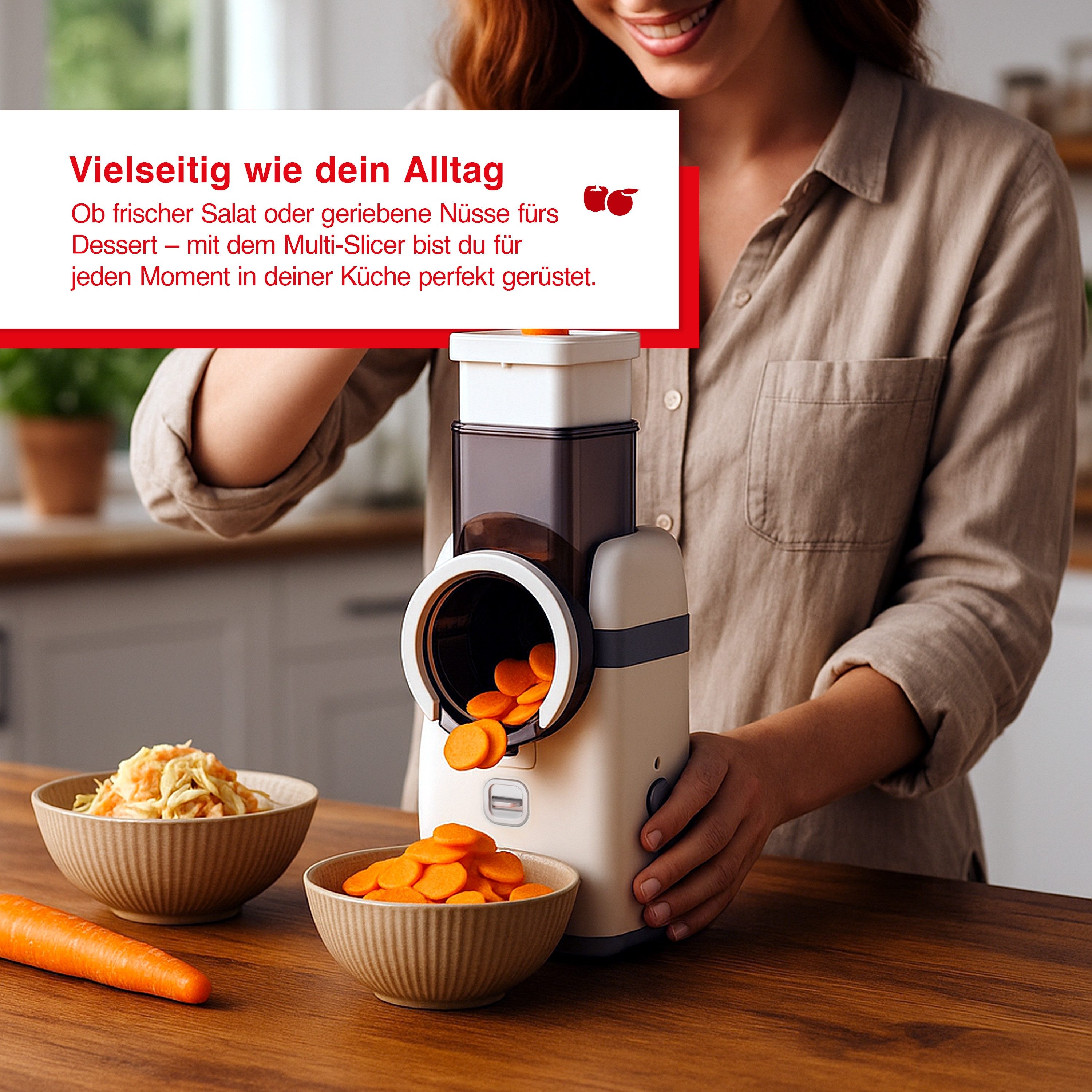 SOLIS OF SWITZERLAND Zerkleinerer Multi-Slicer, Typ 8402, 80 W, 5 auswechselbare Einsätze, reiben, raspeln, schneiden, riffeln