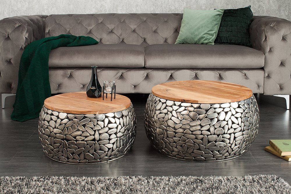 riess-ambiente Couchtisch STONE MOSAIC Ø65cm silber / natur (Set, 2-St), Wohnzimmer · Metall · Massivholz · rund · Mosaik Design · handmade